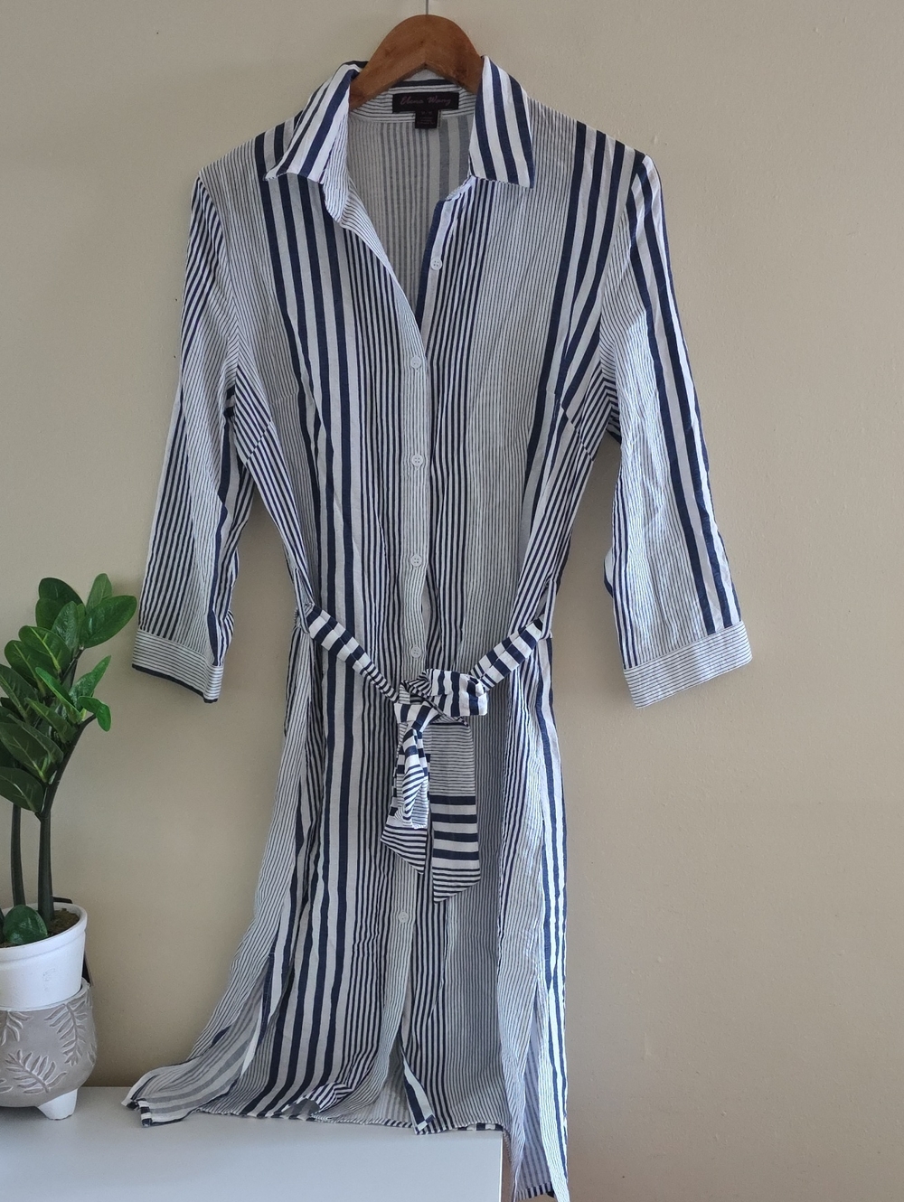 Elena Wang Striped Midi Belted Dress - Rayon Blend - Navy/White - M